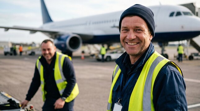 Portrait of smiling airport ground crew man in high visibility yellow vest standing on runway with airplane on background. Professional air transport worker and ground service.