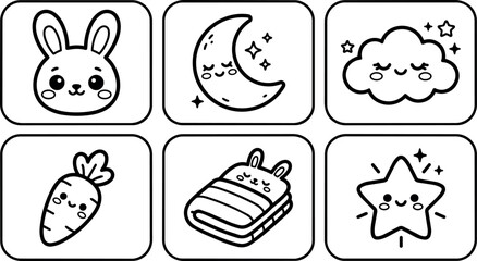 Fototapeta premium Cute line art happy bunny moon cloud carrot blanket and star icons