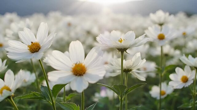 Daisy white flower yellow center field close up sunlight petal green leaf stem summer. white daisy field with soft sunlight gentle breeze delicate petals yellow centers creating peaceful summer