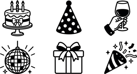 Naklejka premium Black and white line art birthday cake party hat wine glass disco ball gift box and party popper icons