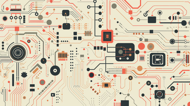 Microchip engineering schematic with digital nodes detailed circuit board layout technology design vector illustration electronics concept modern computing system