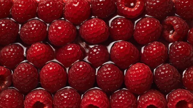 Fresh raspberries with red juice splash in top-down macro cinematic shot