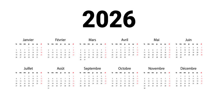 French 2026 calendar template. Vector illustration design template start from monday. isolated wall background. Full months for wall calendar.