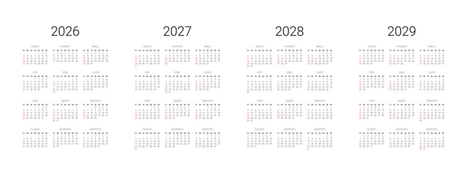 Calendar template for Brazil start from Sunday. Full months for wall calendar, isolated wall background. 2026, 2027, 2028, 2029 Calendar in Portuguese