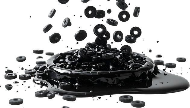 Render of black doughnut-shaped objects floating and in a contained puddle-like substance