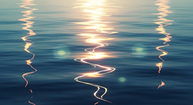 Golden hour sun reflection on calm blue water, shimmering light creating a serene ripple pattern, tranquil liquid surface for backgrounds and overlays