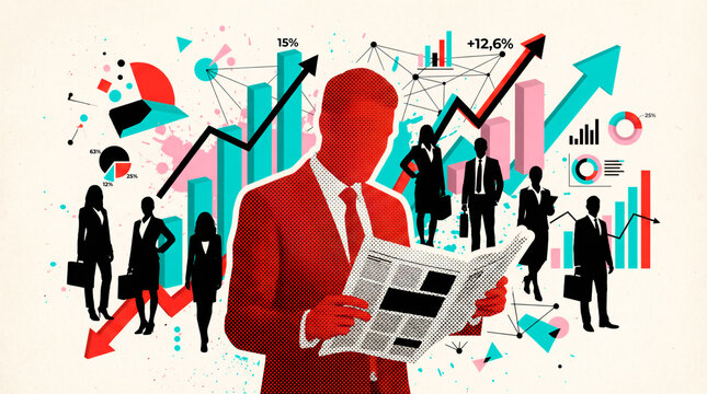 Abstrakte Business-Collage mit Personen, Diagrammen und steigenden Pfeilen