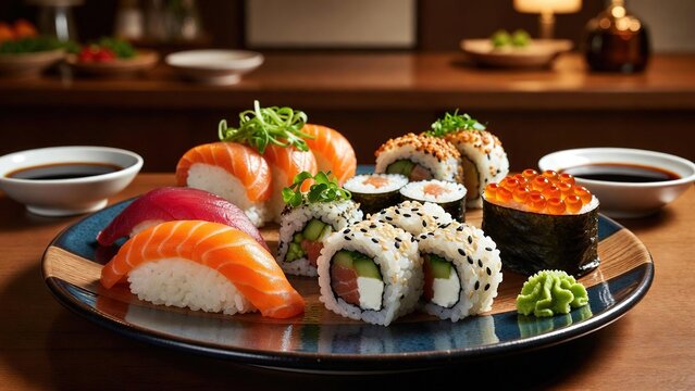Vibrant fresh sushi platter with nigiri, maki rolls, and soy sauce