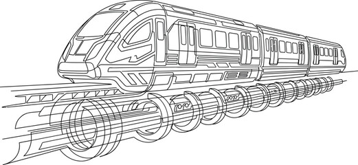 Obraz premium Technical wireframe rendering of a sleek, advanced, modern passenger train design, highlighting innovative transportation and engineering concepts.