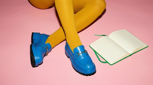 A person wearing bright yellow tights and blue loafers sits with legs crossed next to an open notebook on a pink background.