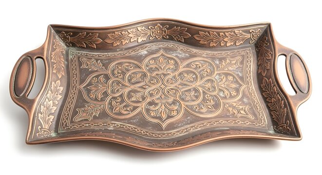 Intricately Designed Copper Tray with Ornate Floral Patterns and Wavy Edges