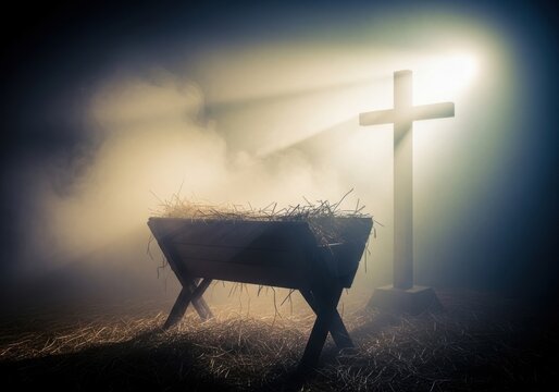Manger and cross in a mystical setting with dramatic lighting