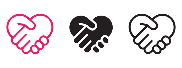 Fototapeta premium Heart shape handshake icons pink black and outline vector illustrations.