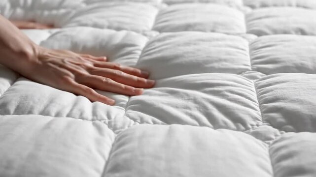 Close-up of a hand gently pressing down on a soft, white quilted mattress surface, showcasing the texture and comfort of bedding materials in a well-lit indoor setting