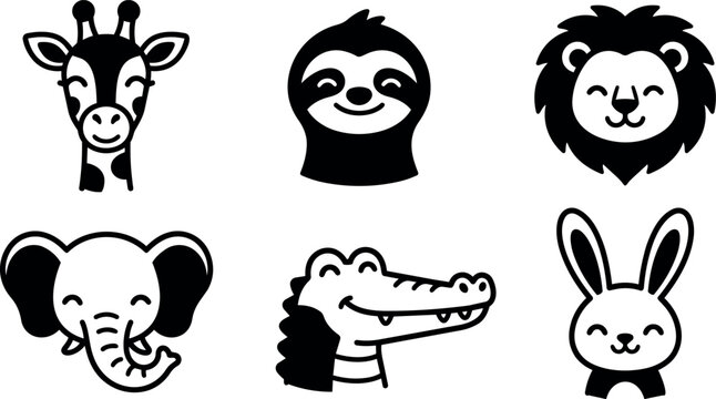 Black and white cute animal faces giraffe sloth lion elephant crocodile rabbit vector art