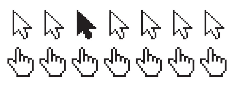 Pixel art mouse cursor and hand pointer icons set for retro computer interface design.