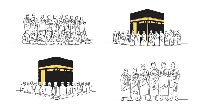 Line art depiction of the kaaba and pilgrims during hajj rituals