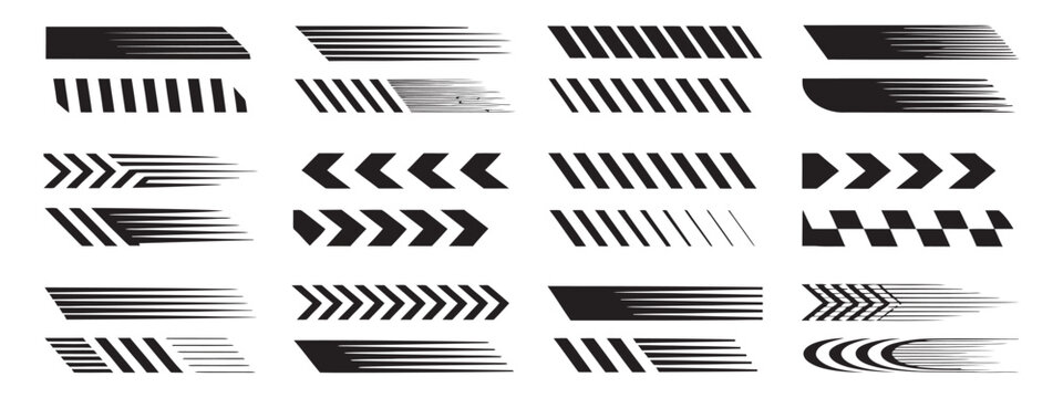 Racing speed decals collection with black geometric motion lines and stripes elements.