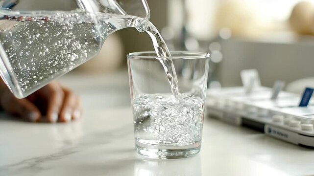 Hand pouring clear water from a glass pitcher into a transparent glass on a marble countertop with ice cube tray and blurred background elements