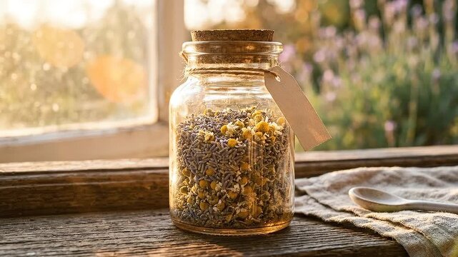 Off grid living mason jar dried chamomile lavender herb apothecary cork rustic sunlight sachet glowing on windowsill evoking cozy natural calm