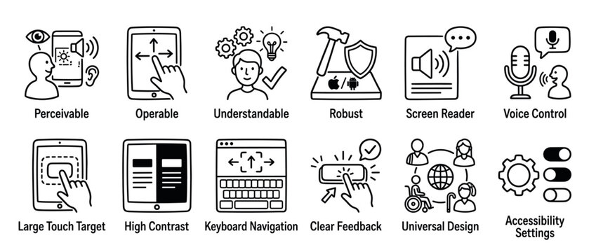 Digital accessibility icons illustrating key principles for inclusive user experience and universal design in web and mobile applications.