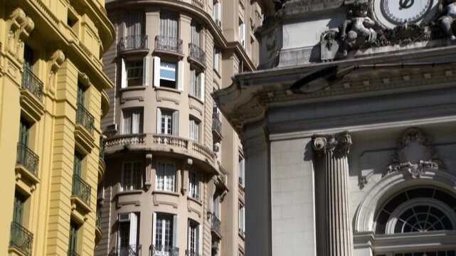 camera pan of old facades of building in Rio de Janeiro
