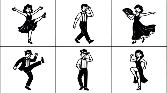 Black and white vintage line art dancing man and woman with fan and hat