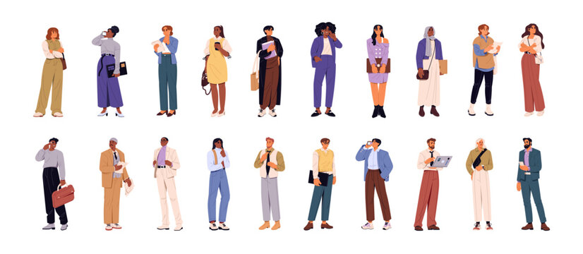 Fashion businesswomen and businessmen set. Business men and women in modern suits with phones, bags, papers. Stylish employees, office workers. Flat isolated vector illustrations on white background