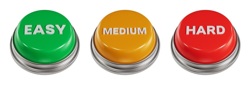 3D Easy Medium Hard Difficulty Buttons - Green Yellow and Red Buttons.