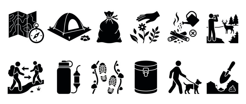 Camping and hiking outdoor recreation icons illustrating nature conservation, leave no trace principles, and wilderness ethics.