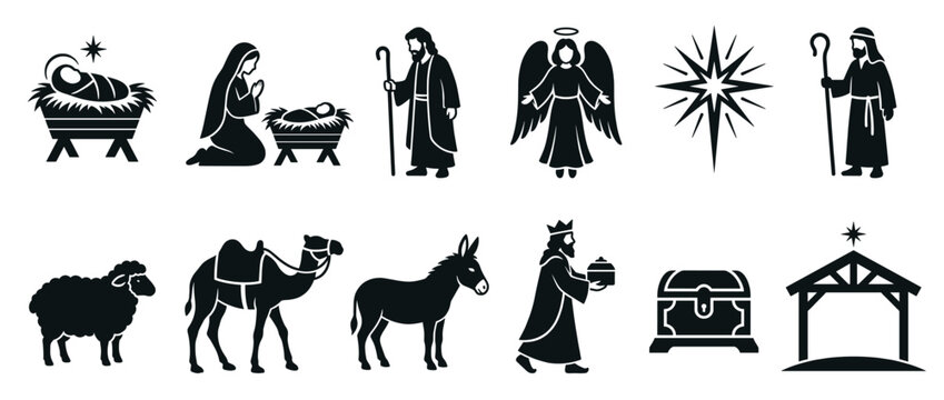 Nativity scene elements vector illustration set featuring baby Jesus, Mary, Joseph, wise men, angel, star, animals, and manger for Christmas.