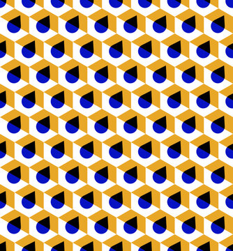 Seamless geometric optical illusion pattern with orange cubes and blue drops, abstract op art background with peripheral drift effect.