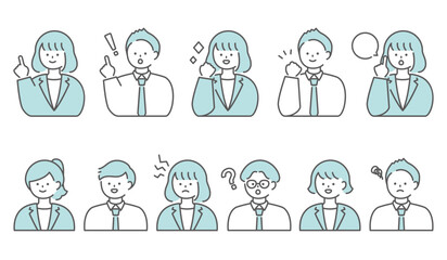 Fototapeta premium 社会人・スーツの人物イラスト 男女表情セット 上半身