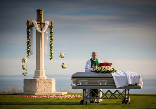 Priest performing a graveside funeral service with a decorated cross and casket