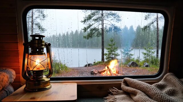 A tranquil retreat inside a cozy camper, watching the rain outside a window overlooking a crackling campfire by a serene lake amidst a lush forest