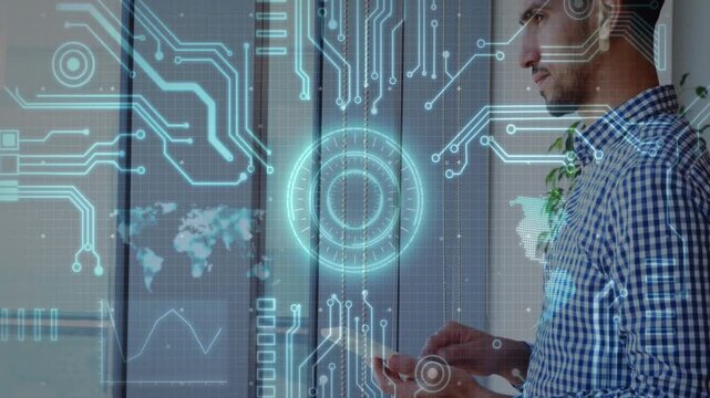Man tapping smartphone and raising headset near panels, analyzing data, HUD overlaying world map