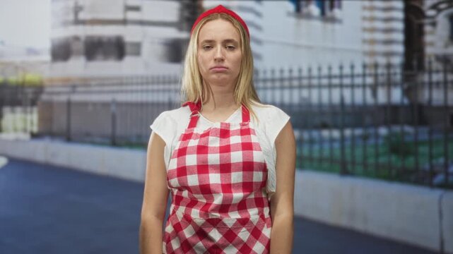 Woman wearing red checked apron and headband standing forward with raised hands and open mouth shouting on a street; frustration.