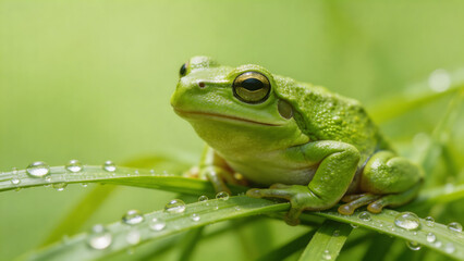 Obraz premium Green frog perched on dewy grass