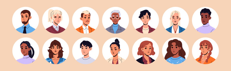 Naklejka na ściany i meble Set of business people round avatars. Portraits of diverse employees in circle shapes. Happy office workers, staff for user profiles. Businessmen and businesswomen. Flat isolated vector illustrations