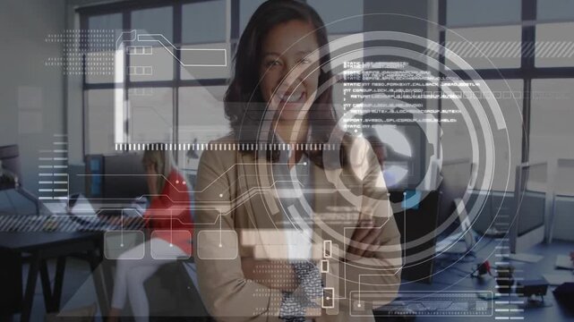 Woman uncrossing arms and pointing in business, controlling HUD rings around finger and data panels