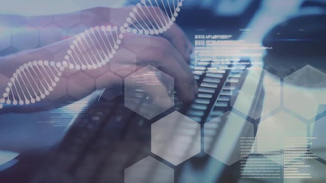 Hands lowering onto keys, pressing steadily while DNA helix, hexagons, code shifting for genomics