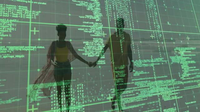 Man and woman models walking toward camera while projection tightening, green code layering tech ad