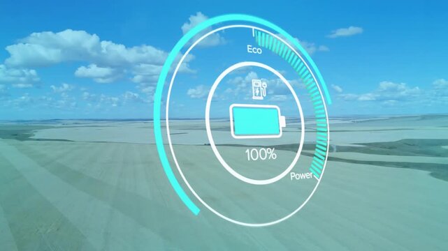 Elevated viewpoint advancing, cyan HUD showing battery filling then draining to monitor Eco Power