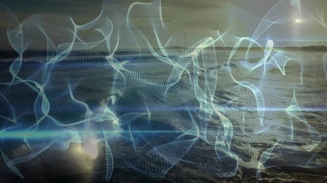 Animated blue-white ribbon emerging at start over ocean, folding with lens flare for tech