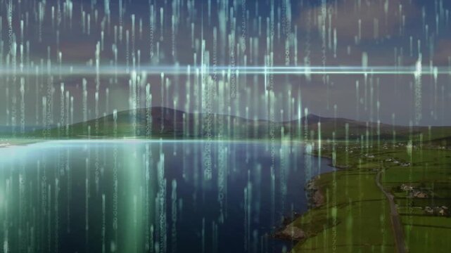 Coastal bay and farmland sitting steady as streak overlay dropping aligning with bay glow for film