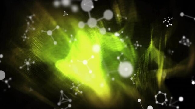Orb racing sparking green particle cloud forming wave, fading amid molecule icons, bokeh for tech