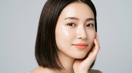 Fototapeta premium Portrait of a beautiful young Asian woman with flawless, radiant skin and natural makeup, gently touching her cheek, exuding wellness and natural beauty against a clean background.