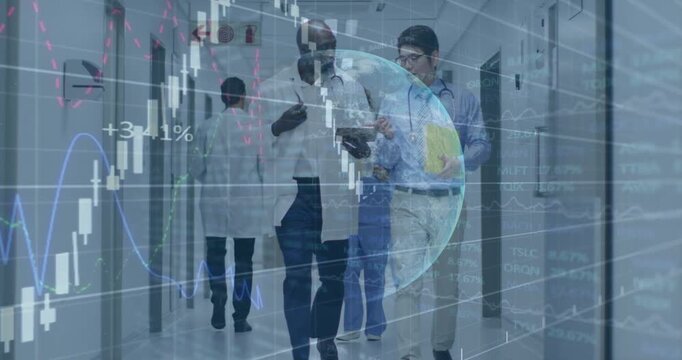 Lead MDs walking corridor using tablet analyzing finance trends, globe and data charts overlaying
