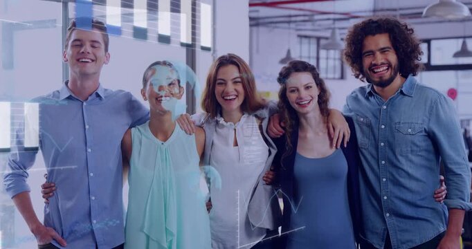 Standing team in business arms linked laughing  and  bonding in office, overlays starting to pass gl
