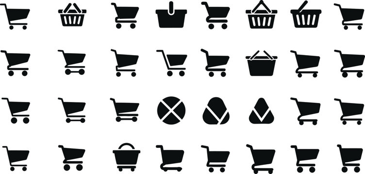 Collection of black shopping cart icons in various styles